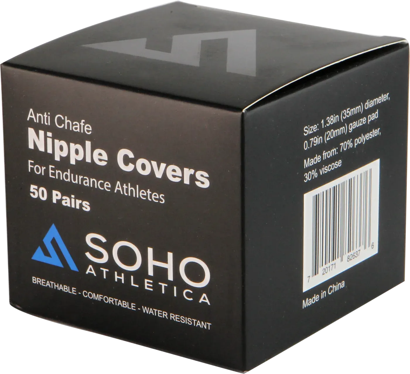 SOHO Athletica Anti Chafe Nipple Covers box, 50 pairs, showing size and material on the side